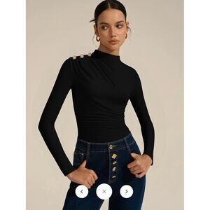 Commense Ruched Shoulder-Decor Long Sleeve Bodysuit Sz L